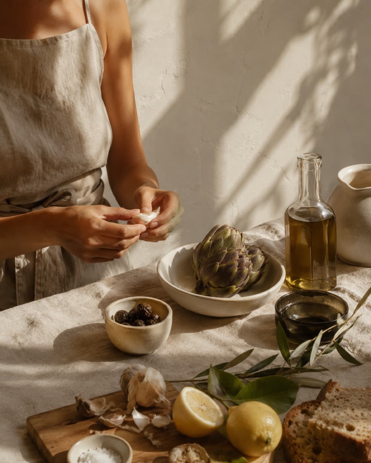 Préparation d'un repas en lumière naturelle : artichauts, huile d'olive, ail et citrons