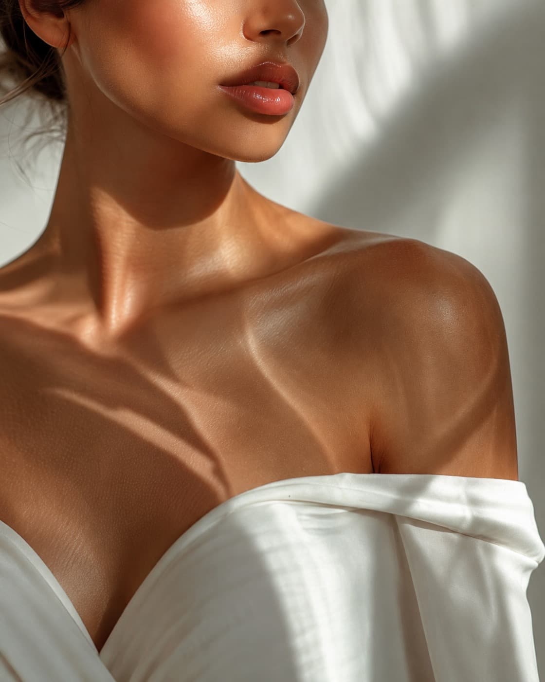 Épaule et décolleté d'une femme en lumière naturelle, peau nue