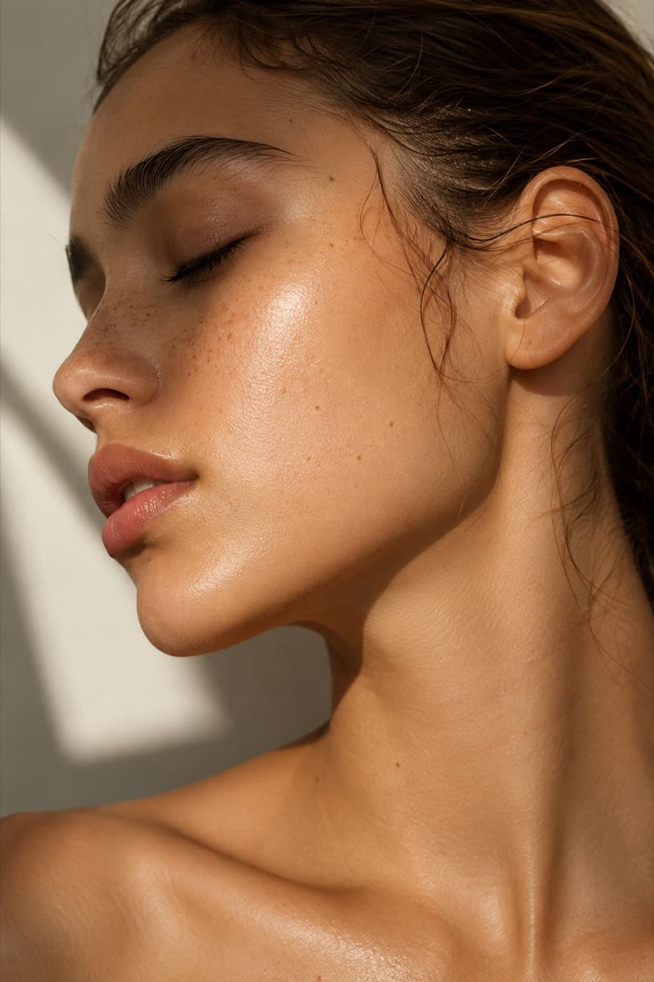 Visage de profil en lumière naturelle, peau nette