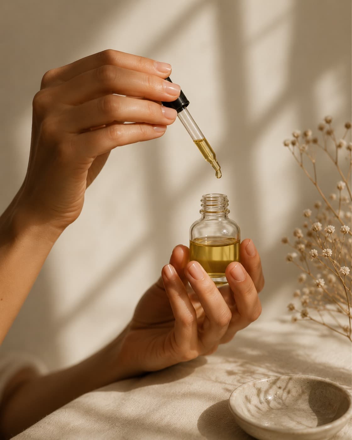 Gestes de soin : sérum et pipette en lumière douce